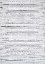 Close-up of the Salus Luxe Rug, a contemporary rug with beige, black, and white horizontal stripes. Design-Rectangle-5373