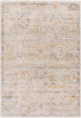 Close-up of the Ayane Area Rug: a traditional, machine-woven rug in dark beige, gray, and light brown tones. Design-Rectangle-53710