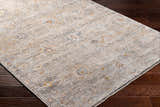 Close-up of the Ayane Area Rug showing its traditional oriental pattern in dark beige, gray, and light brown on dark wood flooring. Corner