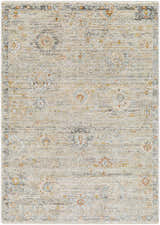 Close-up of the Ayane Area Rug. Machine-woven polypropylene rug in dark beige, gray, and light brown with an oriental pattern. Design-Rectangle-5377