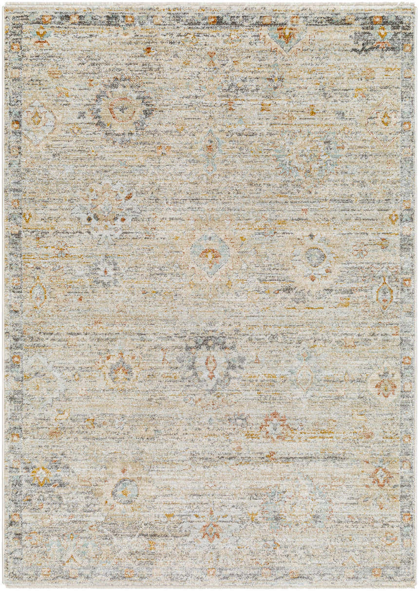Close-up of the Ayane Area Rug. Machine-woven polypropylene rug in dark beige, gray, and light brown with an oriental pattern. Design-Rectangle-5377