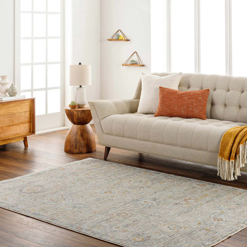 Living room scene with beige sofa and the Ayane Area Rug in dark beige and gray. Roomscene-Rectangle