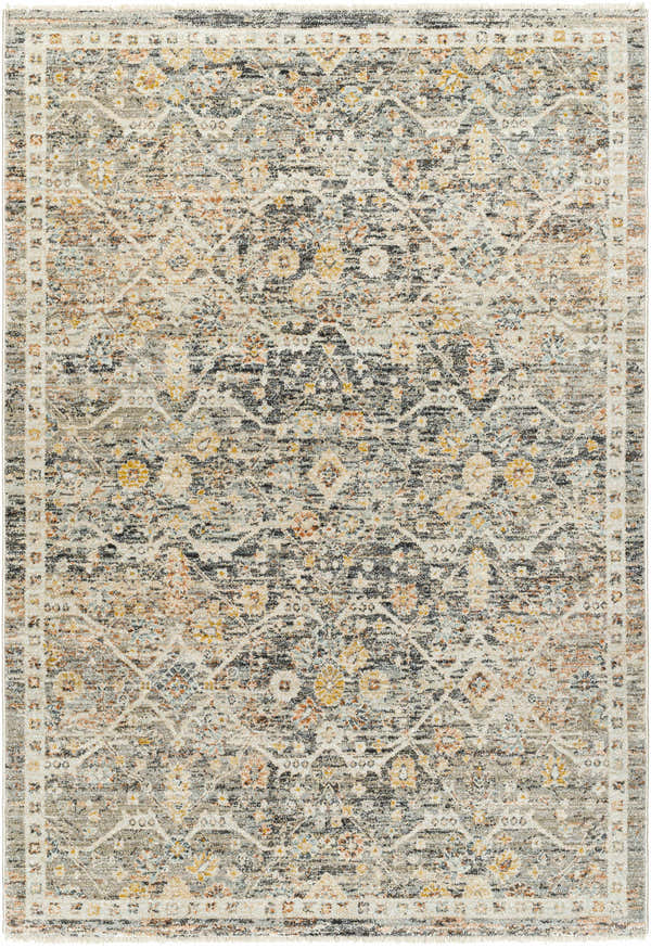 Close-up of the Issay Area Rug: a traditional, machine-woven rug with beige, gray, brown, and gold floral and geometric patterns. Design-Rectangle-53710
