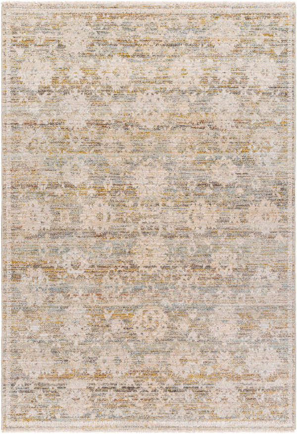 Close-up of the Itzel Area Rug. Machine-woven polypropylene rug with a traditional, faded pattern in camel, beige, and brown tones. Design-Rectangle-53710