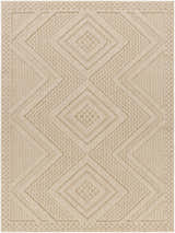 Close-up of the Aimee Lambswool Area Rug. Features a contemporary diamond pattern in camel and light brown hues. Machine woven texture. Design-Rectangle-537