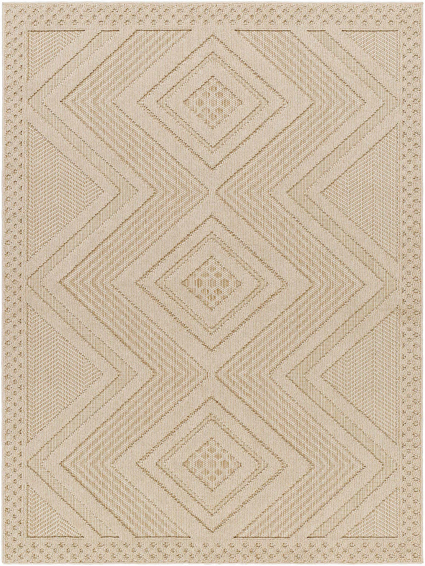 Close-up of the Aimee Lambswool Area Rug. Features a contemporary diamond pattern in camel and light brown hues. Machine woven texture. Design-Rectangle-537
