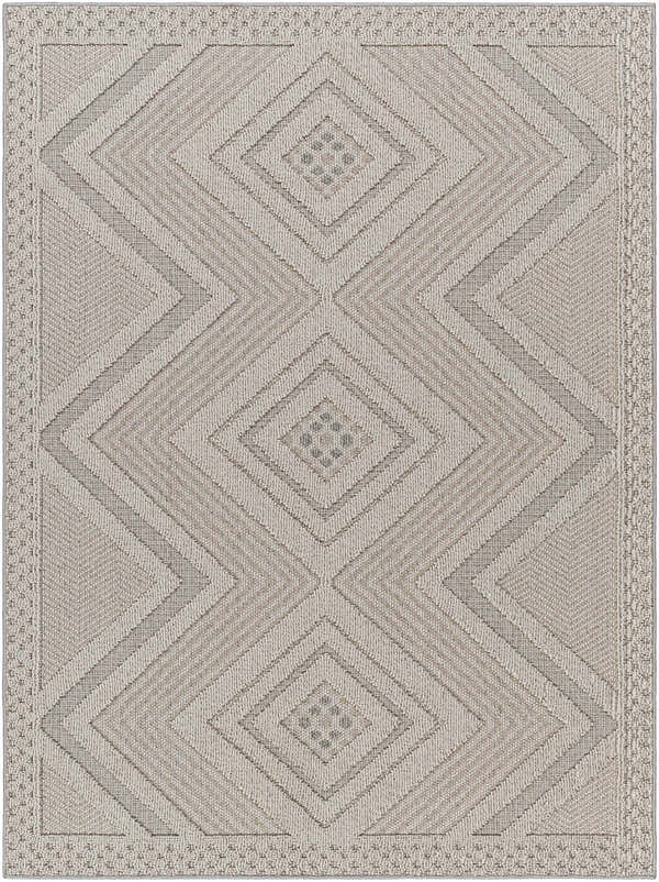Close-up of the Aimee Natural Gray Area Rug featuring a contemporary diamond pattern and textured border. Design-Rectangle-537