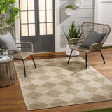 Patio scene with wicker chairs and Broox Beige Area Rug on wood floor. Roomscene-Rectangle