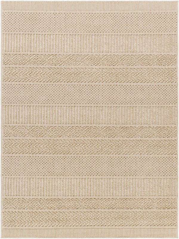 Close-up of the Corom Beige Area Rug, featuring a textured, striped pattern in beige, bone, and light brown hues. Design-Rectangle-537