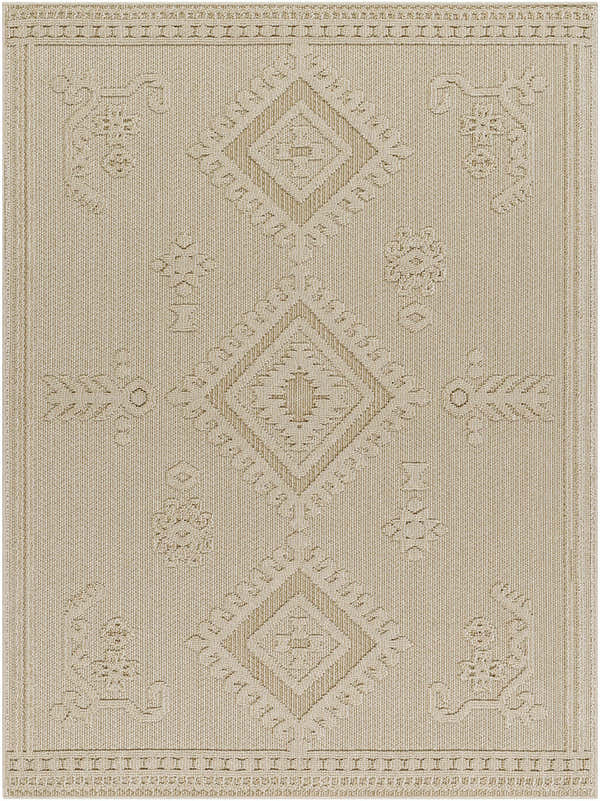Close-up of the Galam Area Rug. Khaki and tan rug with a contemporary diamond and floral pattern. Machine woven texture. Design-Rectangle-537