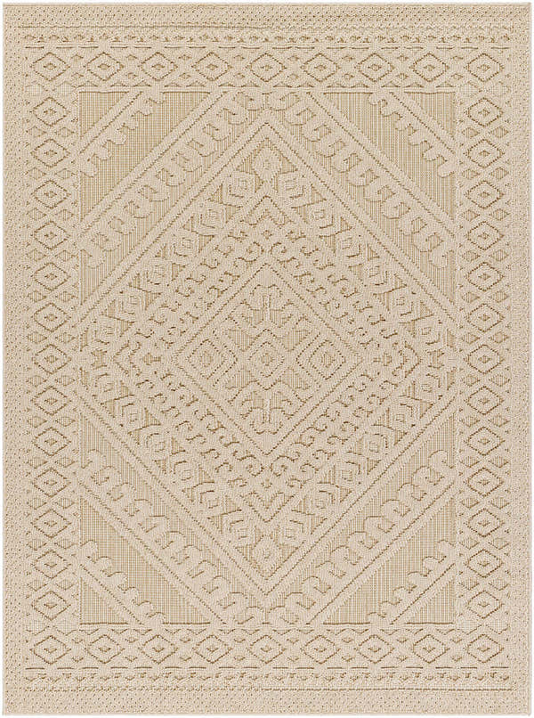 Close-up of the Hibah Bone Area Rug featuring a geometric diamond pattern in beige and bone hues. Contemporary style. Design-Rectangle-537