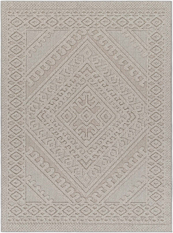 Close-up of the Hibah Natural Gray Area Rug, featuring a geometric diamond pattern and subtle texture. Design-Rectangle-537