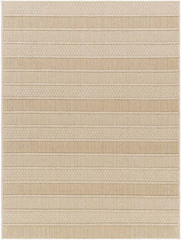 Close-up of the beige and bone Idana Area Rug, featuring a contemporary striped pattern and machine woven texture. Design-Rectangle-537