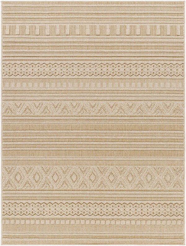 Close-up of the Kojo Lambswool Area Rug showing a geometric stripe pattern in camel, beige, and brown tones. Design-Rectangle-537