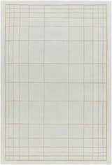 Close-up of the Sedna Wool Area Rug. Medium gray rug with a tan grid pattern. Hand-tufted, contemporary style. Design-Rectangle-576