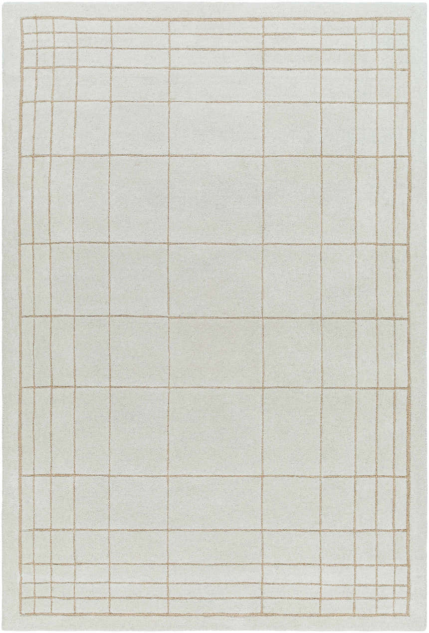 Close-up of the Sedna Wool Area Rug. Medium gray rug with a tan grid pattern. Hand-tufted, contemporary style. Design-Rectangle-576