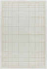 Close-up of the Sedna Wool Area Rug. Medium gray rug with a tan grid pattern. Hand-tufted, contemporary style. Design-Rectangle-576