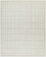 Close-up of the Sedna Wool Area Rug. Medium gray wool rug with a tan grid pattern and border, hand-tufted. Design-Rectangle-810