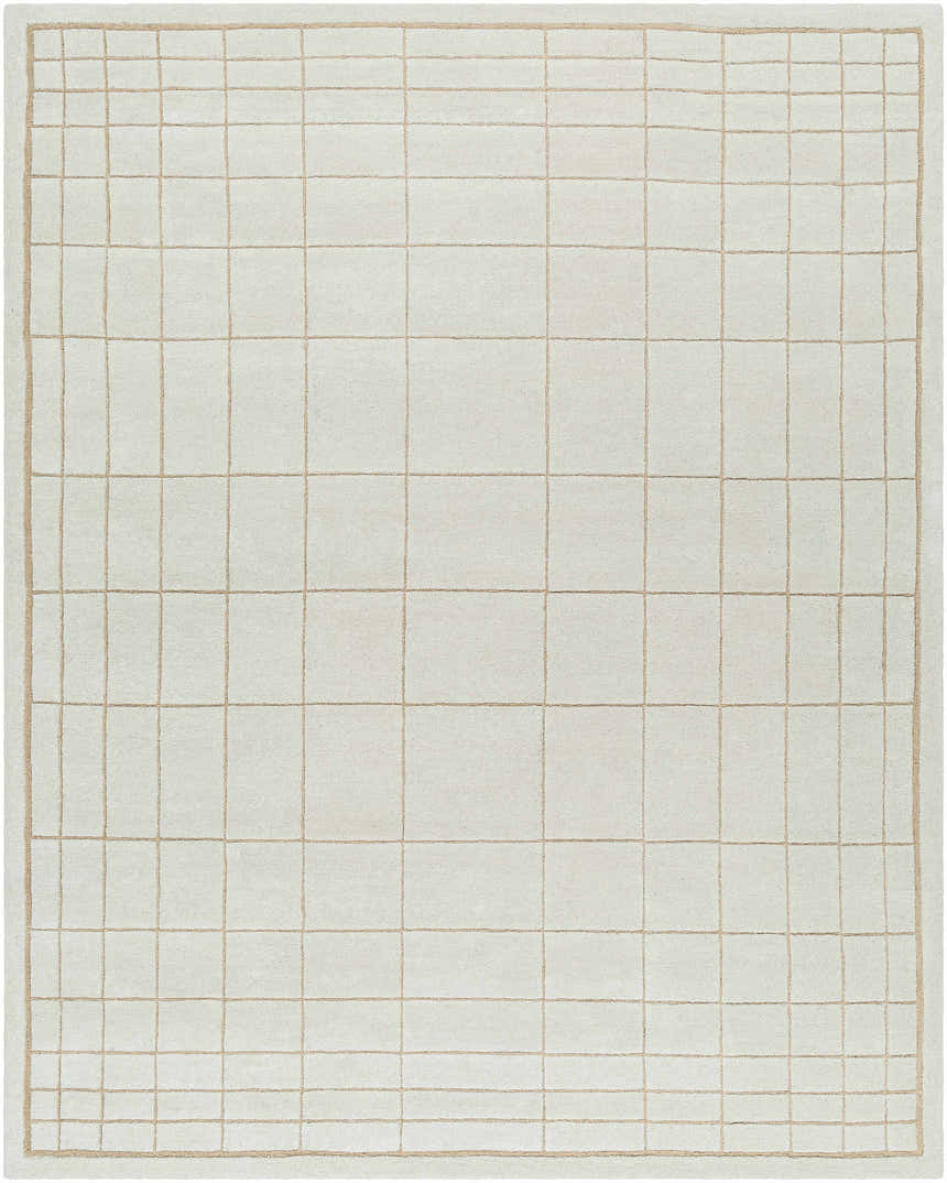 Close-up of the Sedna Wool Area Rug. Medium gray wool rug with a tan grid pattern and border, hand-tufted. Design-Rectangle-810