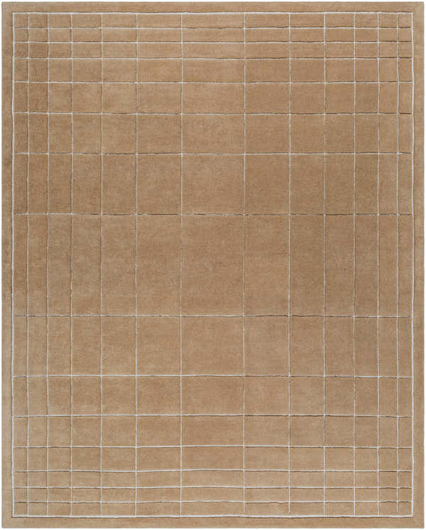 Close-up of the Sedna Brown Wool Area Rug featuring a grid pattern with light beige lines on a brown background. Design-Rectangle-810