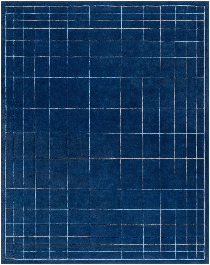 Close-up of the Sedna Navy Wool Area Rug, a hand-tufted rug with a geometric grid pattern in navy and gray. Design-Rectangle-810