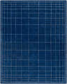 Close-up of the Sedna Navy Wool Area Rug, a hand-tufted rug with a geometric grid pattern in navy and gray. Design-Rectangle-810