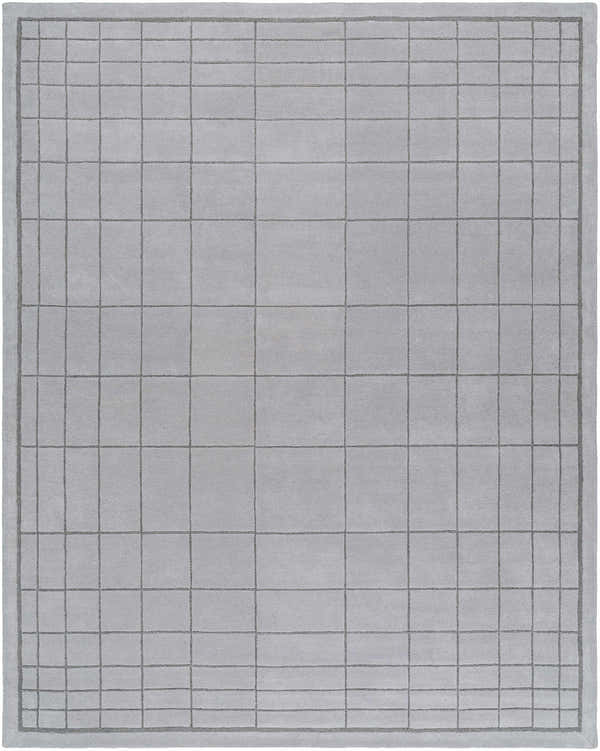 Close-up of the Sedna Gray Wool Area Rug featuring a subtle grid pattern and solid border. Medium gray color. Design-Rectangle-810
