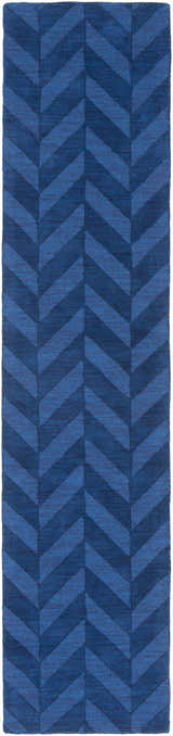 Close-up of the navy Searsmont Area Rug. Features a textured, chevron pattern in varying shades of blue. Clearance item. Design-Runner-310