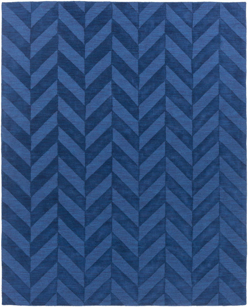 Navy Searsmont Area Rug close-up. Geometric chevron pattern in two shades of blue. Modern rug texture. Design-Rectangle-810