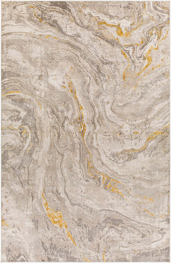 Close-up of the Akins Beige Marble Rug, featuring a contemporary marble-like pattern in beige, gray, and subtle gold accents. Design-Rectangle-679