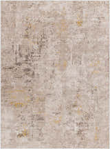 Close-up of Yuji Area Rug in Beachhouse. Abstract design with beige, gray, and nutmeg hues. Machine woven texture. Design-Rectangle-537