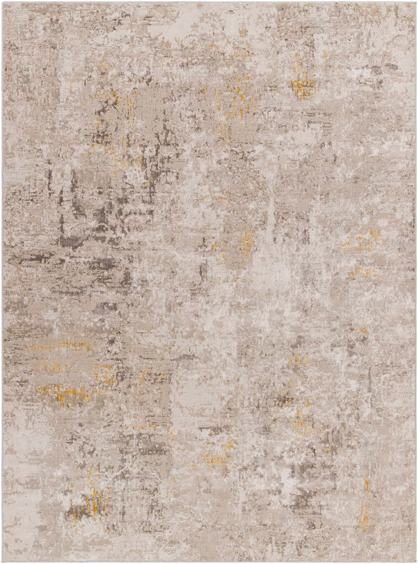 Close-up of Yuji Area Rug in Beachhouse. Abstract design with beige, gray, and nutmeg hues. Machine woven texture. Design-Rectangle-537
