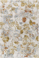 Close-up of the Ouida Floral Rug featuring a distressed leaf pattern in copper, silver, and light wood tones. Design-Rectangle-6796