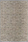 Close-up of the Haran Cloud Gray Area Rug. Machine-woven polyester rug with a farmhouse style floral pattern in cloud gray and medium gray. Design-Rectangle-6796