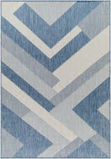 Close-up of the Adwen Blue Area Rug featuring a geometric chevron pattern in slate blue and light gray. Design-Rectangle-537
