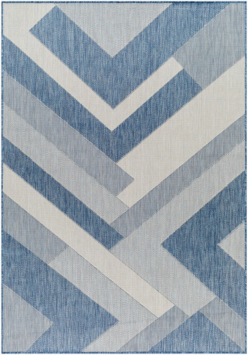 Close-up of the Adwen Blue Area Rug featuring a geometric chevron pattern in slate blue and light gray. Design-Rectangle-537