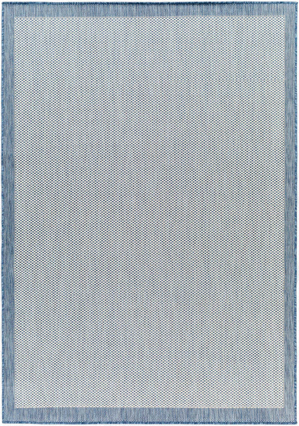 Close-up of the Aleid Blue Area Rug, showcasing its woven texture, denim blue border, and geometric pattern. Design-Rectangle-537