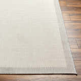 Close-up of the Aleid Cream Area Rug showing its bone and beige woven texture and border on wood flooring. Front