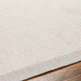 Close-up of the woven texture and neutral cream color of the Aleid Cream Area Rug on a hardwood floor. Texture