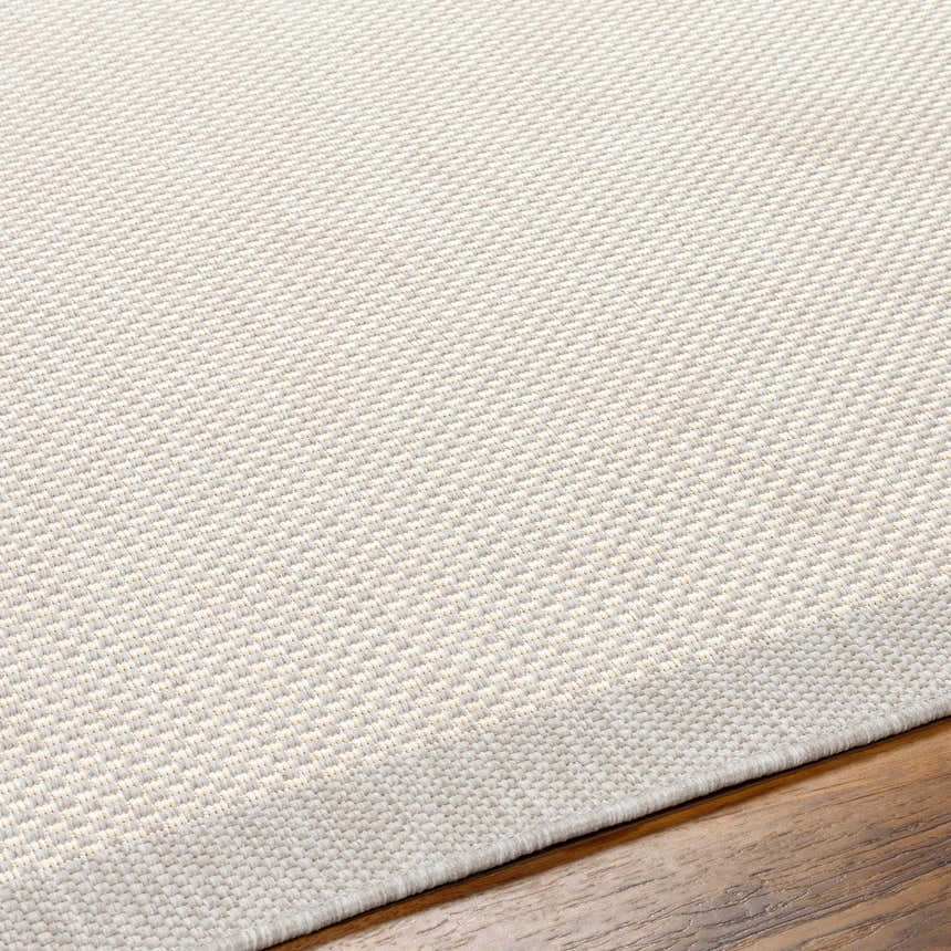 Close-up of the woven texture and neutral cream color of the Aleid Cream Area Rug on a hardwood floor. Texture