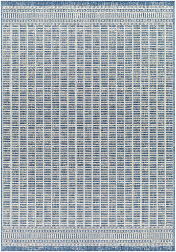 Close-up of the Amena Blue Area Rug, featuring a geometric pattern in arctic sky, stone, and denim hues. Machine woven texture. Design-Rectangle-537