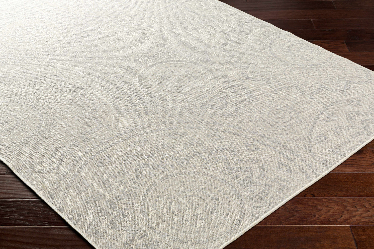 Close-up of the Ayala Cream Area Rug showing a beige and gray traditional medallion pattern and woven texture. Corner