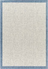Close-up of the Demas Blue & Cream Area Rug, featuring a subtle geometric pattern and a solid blue border. Design-Rectangle-537