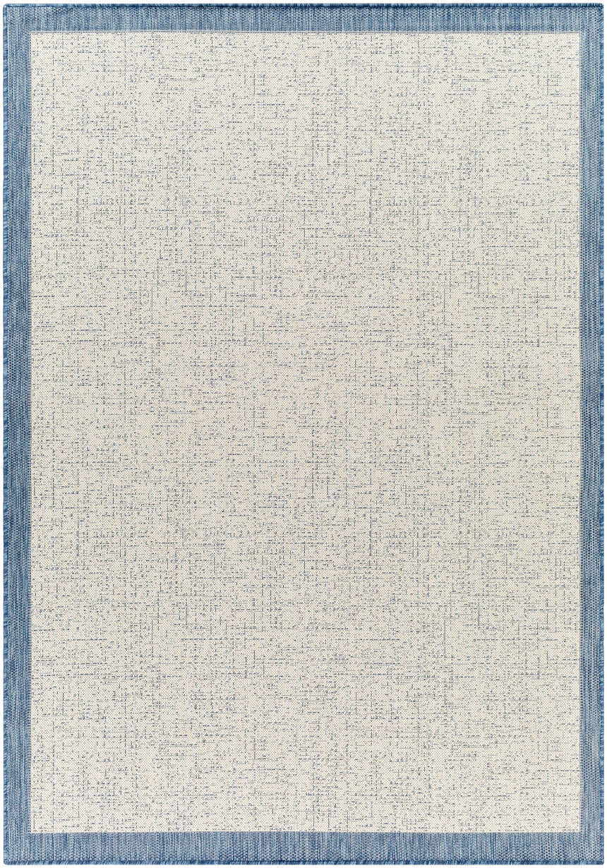 Close-up of the Demas Blue & Cream Area Rug, featuring a subtle geometric pattern and a solid blue border. Design-Rectangle-537