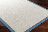 Close-up of the Demas Blue & Cream Area Rug showing its textured beige and blue pattern and denim-colored border. Corner