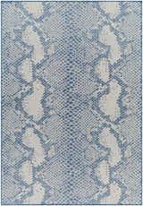 Close-up of the Estee Blue Snake-Patterned Area Rug, featuring a detailed blue and gray animal print design. Design-Rectangle-537