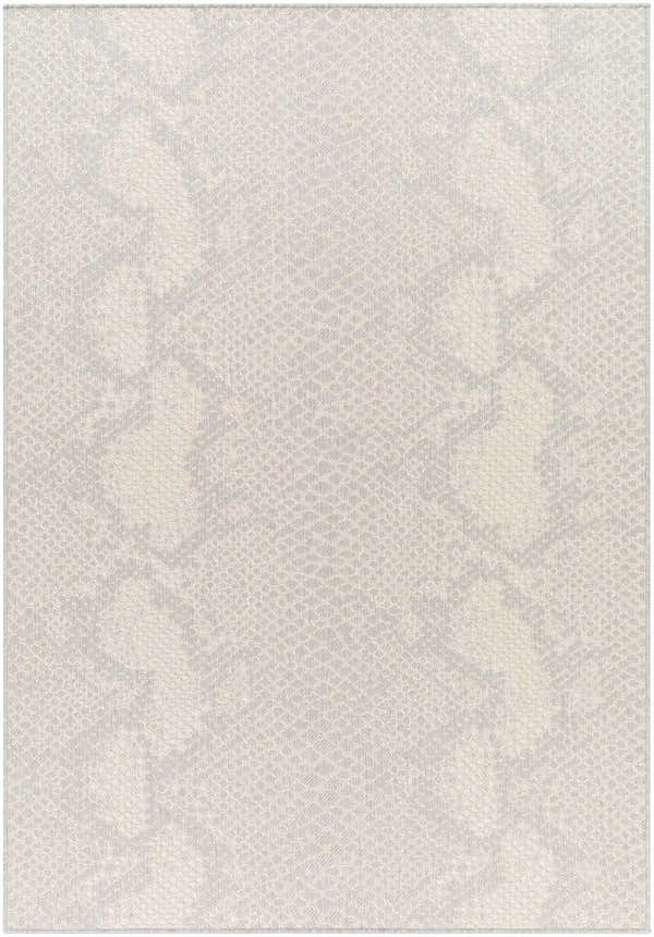 Close-up of the Estee Cream Snake-Patterned Area Rug, showcasing its beige and gray tones and subtle animal print design. Design-Rectangle-537