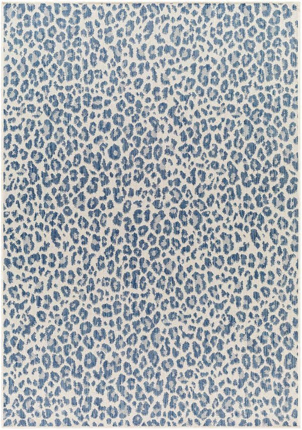 Close-up of the Garbo Blue Leopard Print Area Rug, featuring a blue animal print design on a light background. Design-Rectangle-537