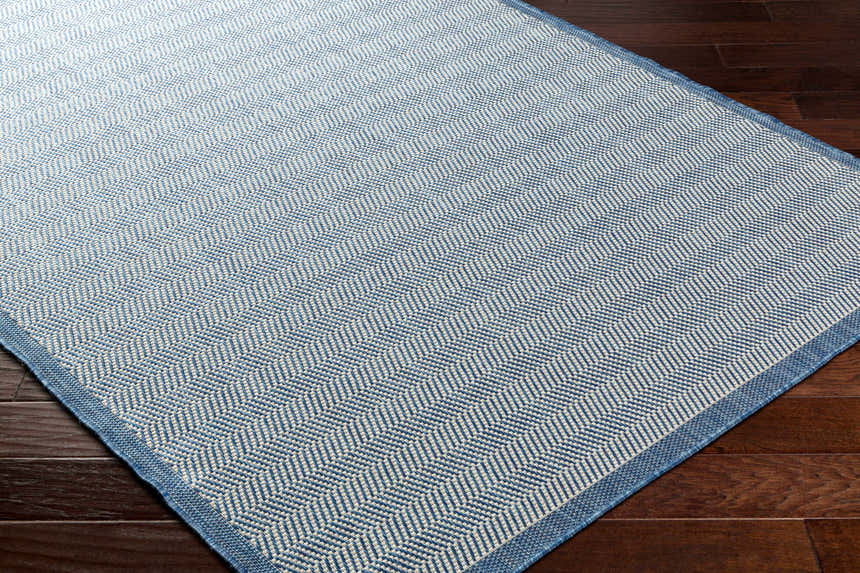 Close-up of the Genet Blue Area Rug showing its denim and arctic stone chevron pattern and woven texture. Corner