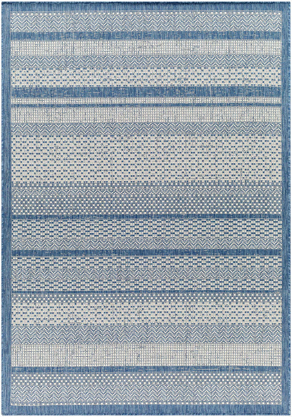 Close-up of Hessa Blue Area Rug with horizontal stripes and woven texture in arctic stone and slate blue colors. Design-Rectangle-537